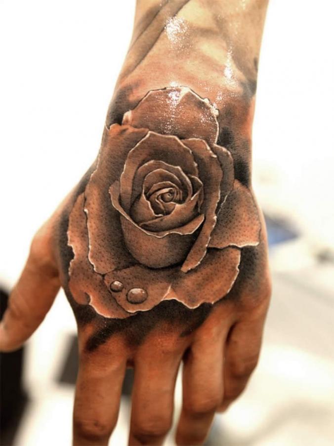 3d Rose tattoo  on hand by Miguel Bohigues