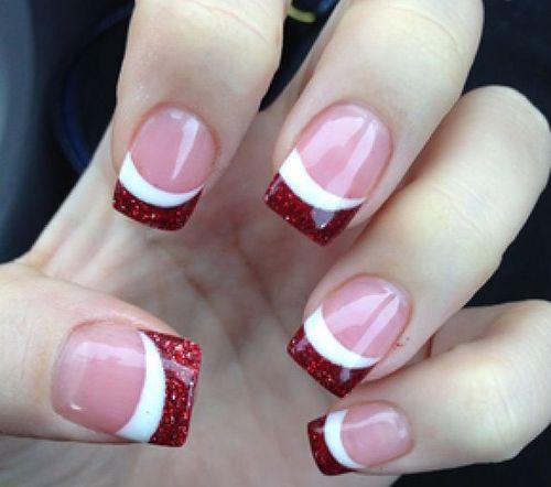 Red glitter side french tip as an accent over a classic french manicure