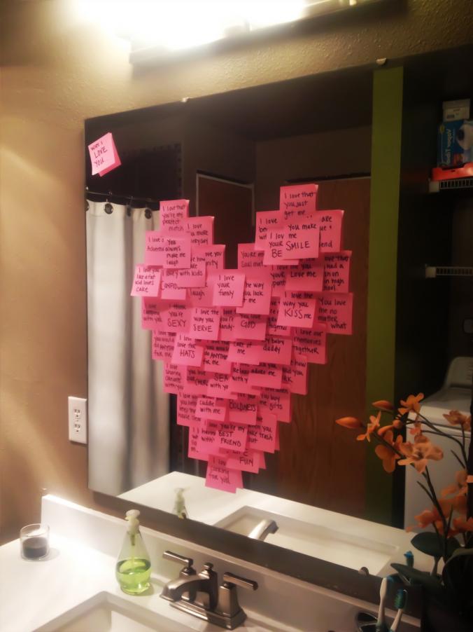 My husband’s love language is words of affirmation. This morning I woke and left the house before him… so that when he woke up he would find tons of post-its of all the reasons why I love him left all over the house