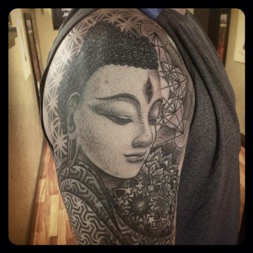 cover up, in progress sleeve  #Buddha #tattoo #dotwork #sacredgeometry #floweroflife #metatronscube thanks Lonzo!! 