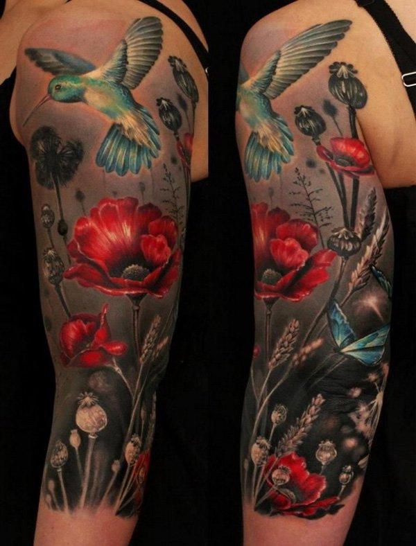 3D hummingbird poppy tattoo