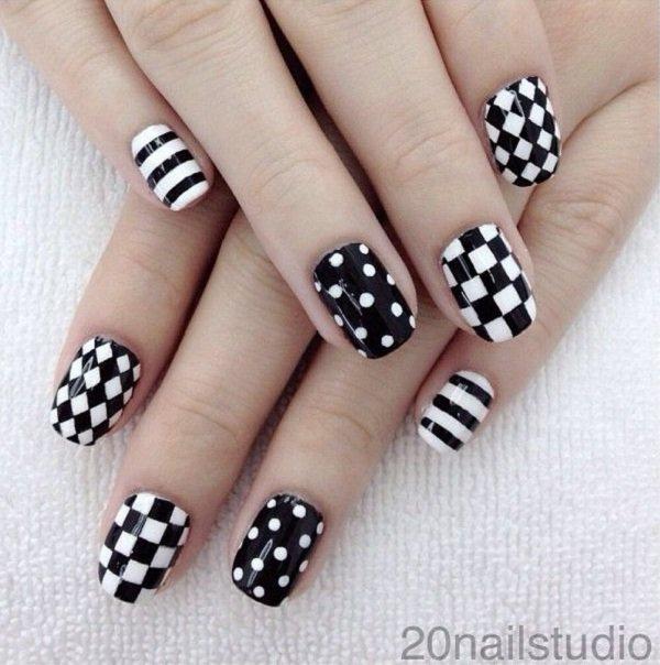 Black and white polka dots plaid stripes nails