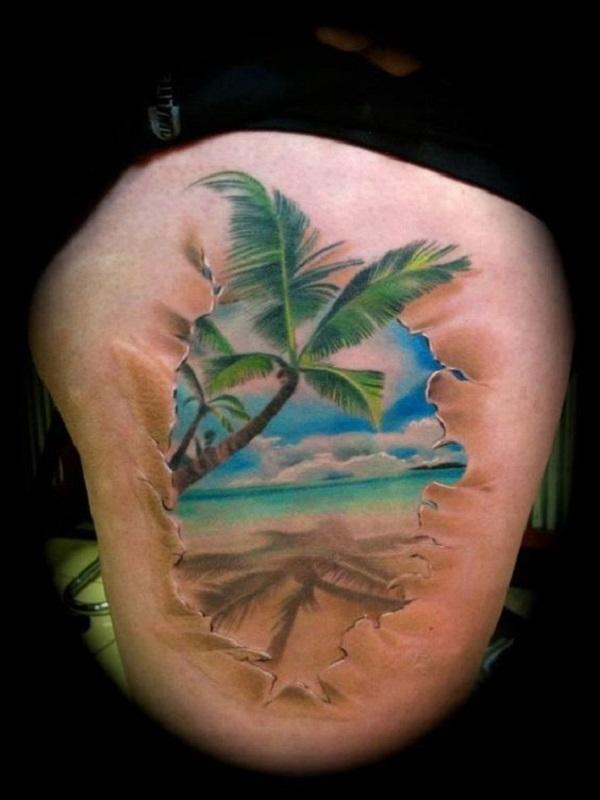 Beautiful beach tattoo with the palm trees and the beach. You can actually feel the wave crashing through the sand with how detailed this de...