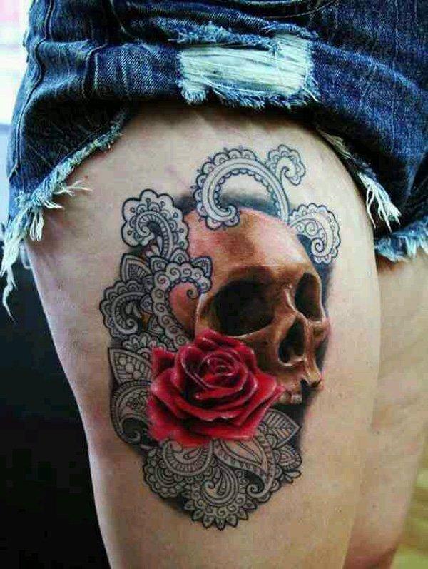 19 Skull and rose thigh tattoo