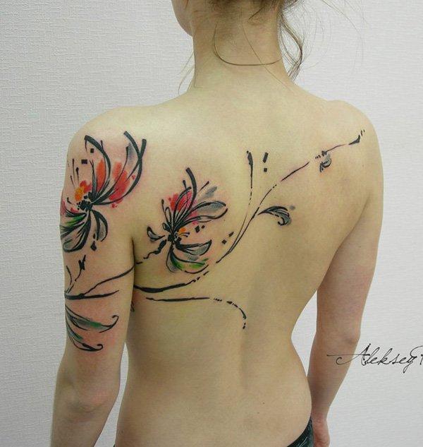 Watercolor chrysanthemum tattoo - This cool tattoo extend from your arm to your back but with cool subtlety you only see on watercolor paint...