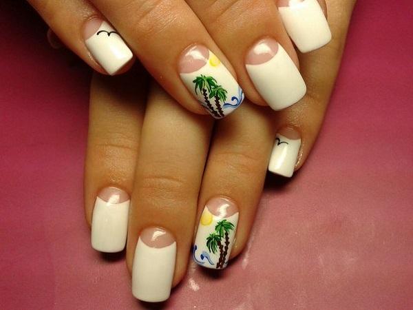 Beautiful white inspired Palm Tree Nail Art design. Nothing looks more elegant than white polish. In these design the palm trees and the wav...