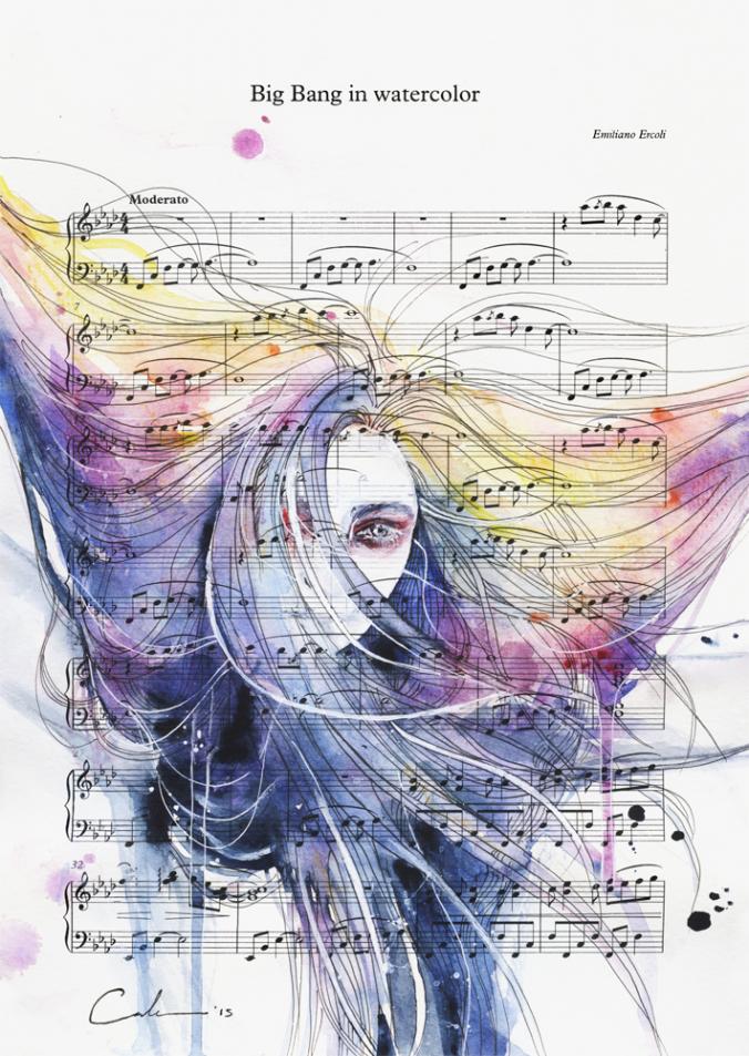 Big Bang in Watercolor on Sheet Music by agnes-cecile