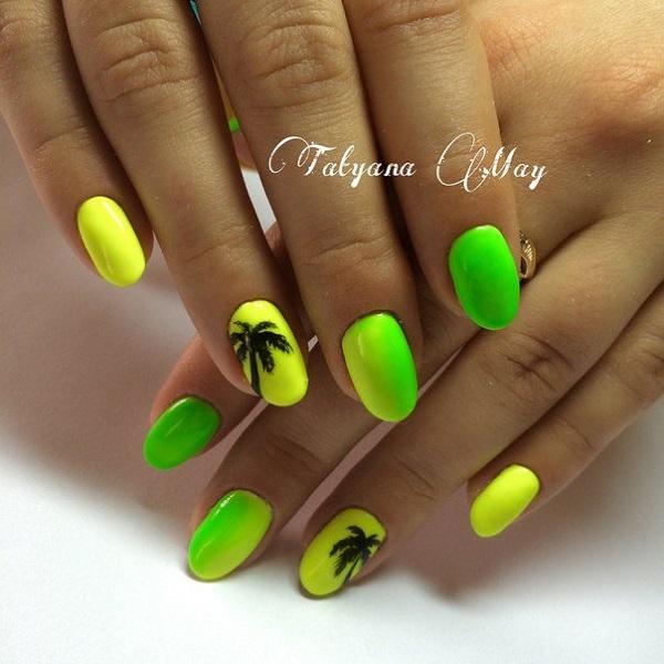 Green and yellow themed Palm Tree Nail Art design. The entire color combination looks like a fresh fruit with the combination of the black s...