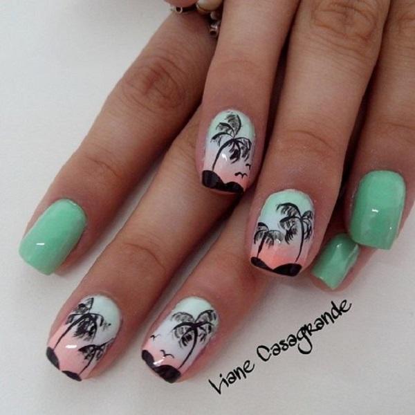A pretty Palm Tree Nail Art design. The palm trees are in silhouette as the sky looks very welcoming sunrise beneath them. The light pastel ...