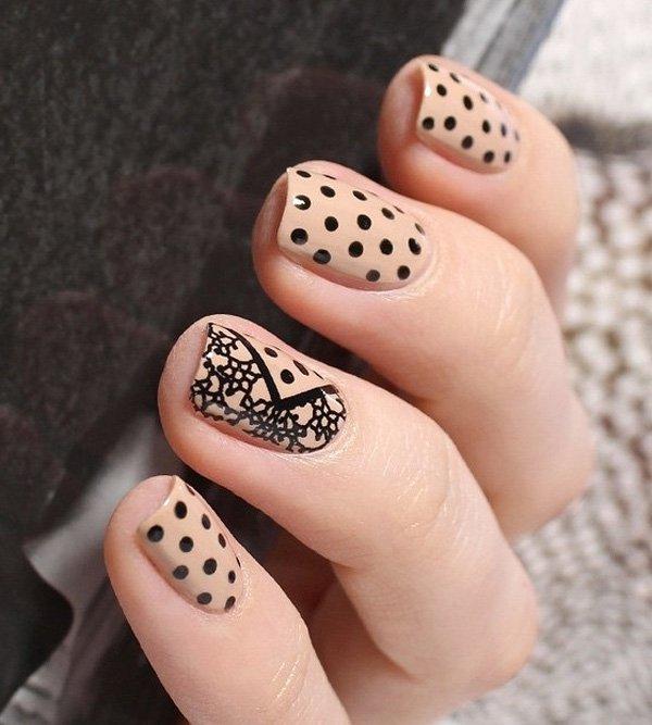 Nude polish in polka dot and flower nail art design. Give statement to your nails by painting on flower and polka dot details in black polis...
