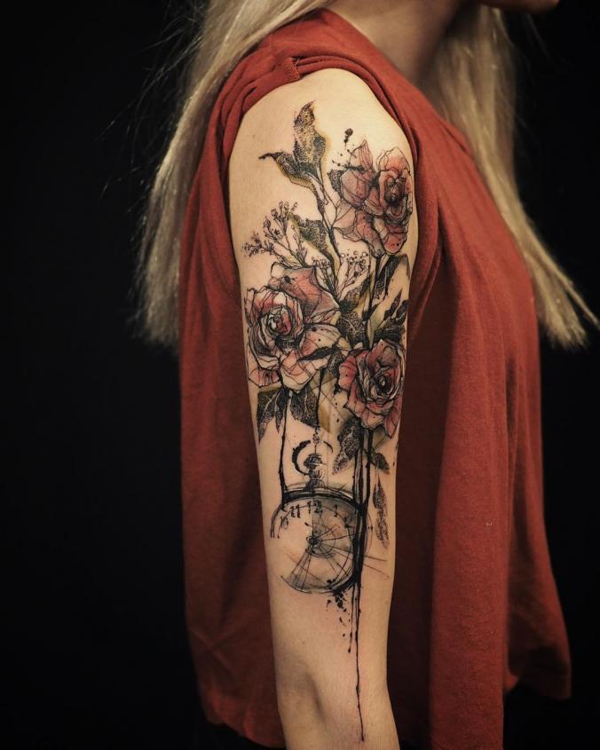 Flower with watch sleeve tattoo
