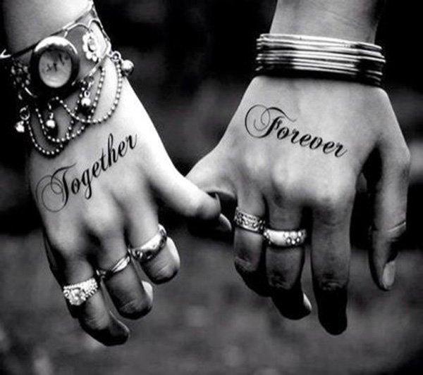 A really cute and meaningful couple tattoo. This is probably one of the most popular types of couple tattoos wherein words are inked on coup...