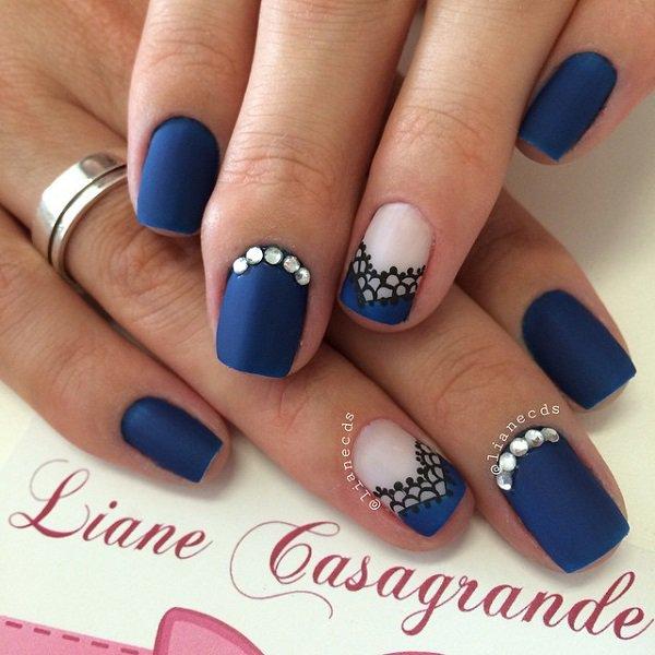 Beautiful and dark matte blue nails. The matte effect of the nail polish makes a perfect combination on its other designs and embellishments...