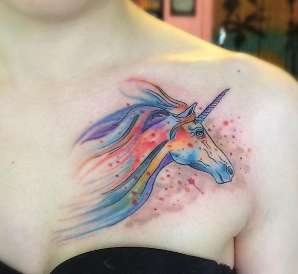 Watercolor unicorn chest tattoo - 35+ Unicorn Tattoos Design Ideas   <3