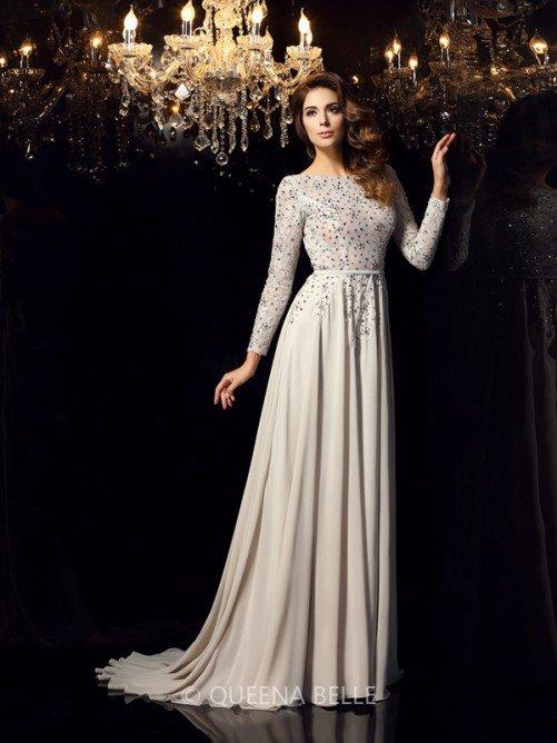 A-Line/Princess Long Sleeves Scoop Chiffon Beading Court Train Dresses - Sexy Evening Dresses - Evening Dresses - QueenaBelle UK 2017