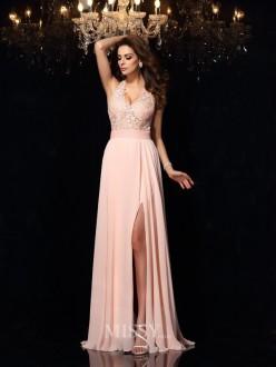 A-Line/Princess Halter Sleeveless Lace Sweep/Brush Train Chiffon Prom/Evening Dresses