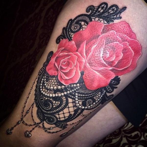 Black Lace Tattoo with Pearls and Red Rose.