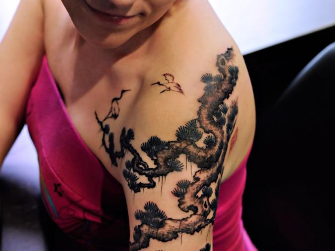 Freehand Chinese Pine Trees And Cranes Slider | Full Color Upper Torso Chinese Inspired Tattoo Art | Artwork And Application By Joey Pang Of...