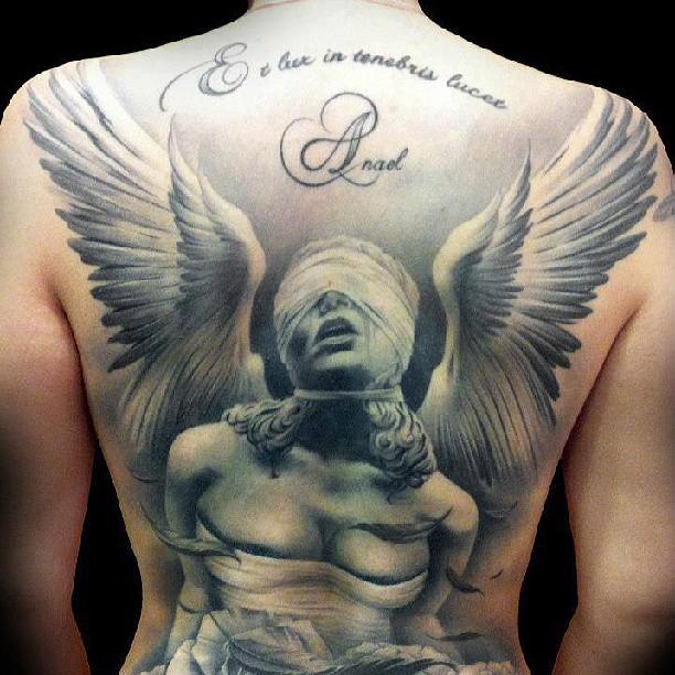 Beautiful Grey Ink Angel Tattoo On Back Body