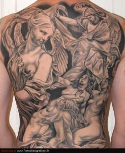 Beautiful angel back piece done in black and grey