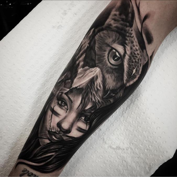 Owl and portrait tattoo