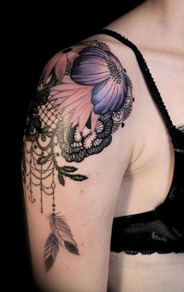 Gorgeous Flower Dream Catcher & Lace Tattoo on the Shoulder.