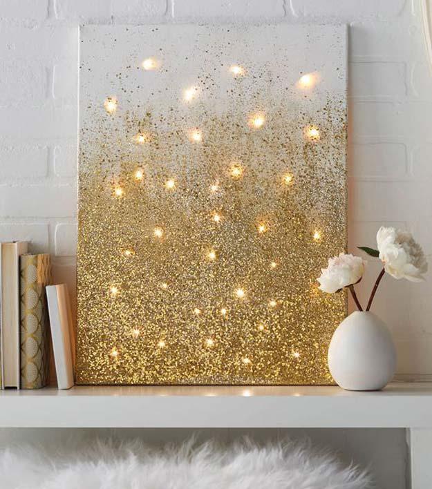 Gold DIY Projects and Crafts - Glitter and Lights Canvas - Easy Room Decor, Wall Art and Accesories in Gold - Spray Paint, Painted Ideas, Cr...