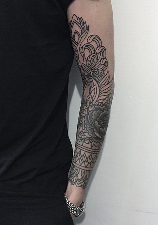 Mandala and flower sleeve tattoo for man - An arm mandala tattoo. This mandala design is in colored ink and is drawn on the side of the arms...