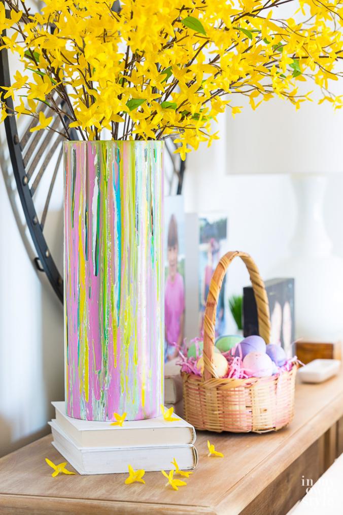 Painted glass vase DIY tutorial showing you how to use paint in a clever way
