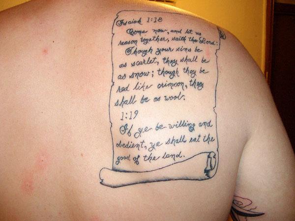 Bible Quote In Scroll Tattoo On Right Back Shoulder