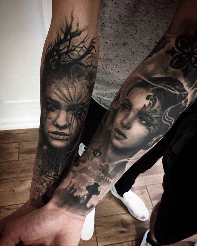 Dark portrait women forearm tattoo
