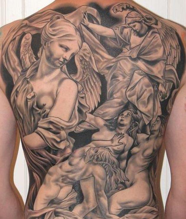 Grey ink angels tattoos on full back