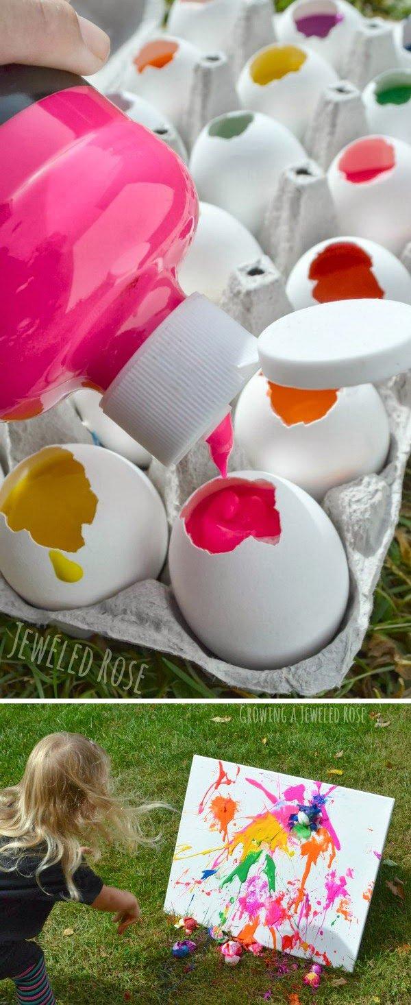 Paint Filled Eggs on Canvas. Fill eggs with paint and toss them at canvas! This game is surprisingly easy to set up and so fun for your East...