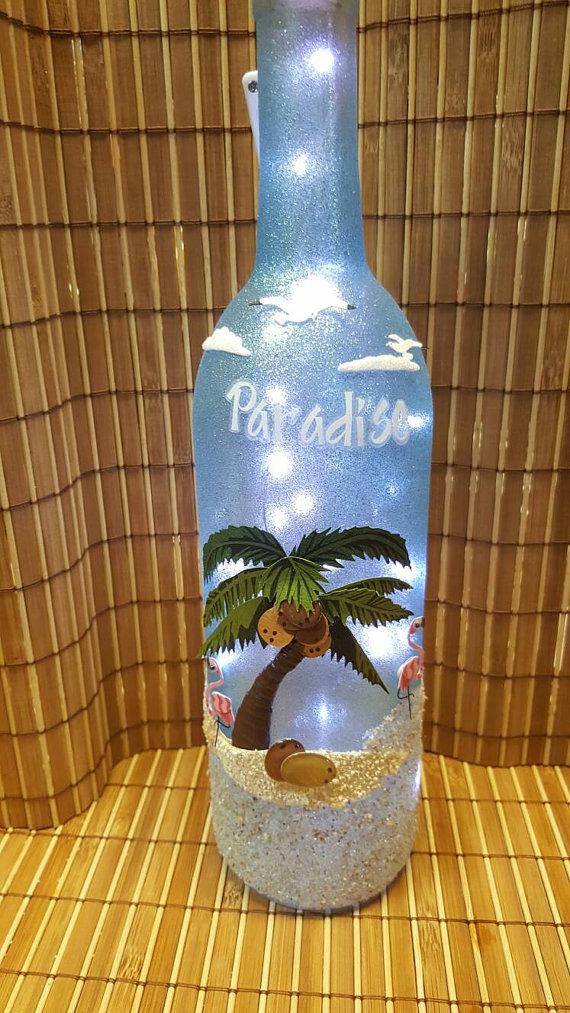 Palm tree lighted wine bottle