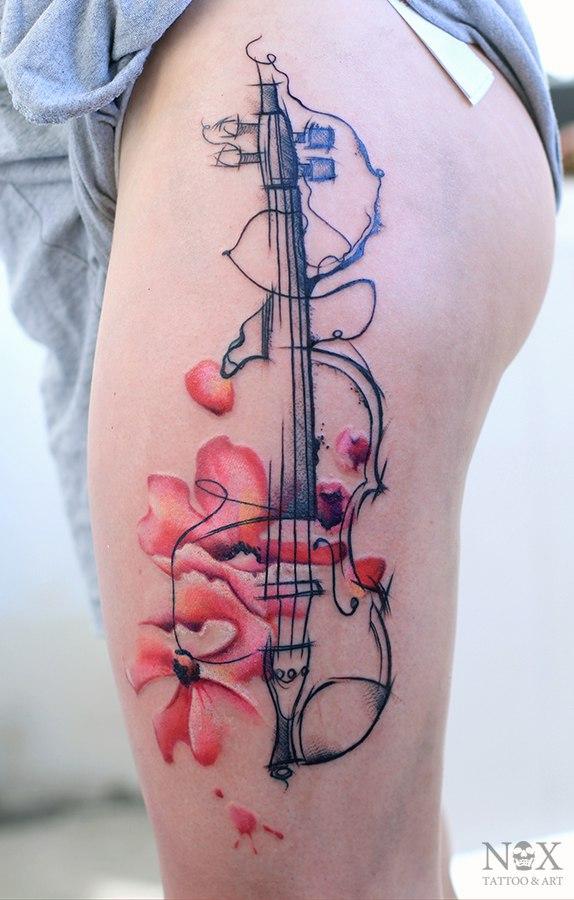 Surreal violin watercolor thigh tattoo by Russian tattoo artist - Matty Nox