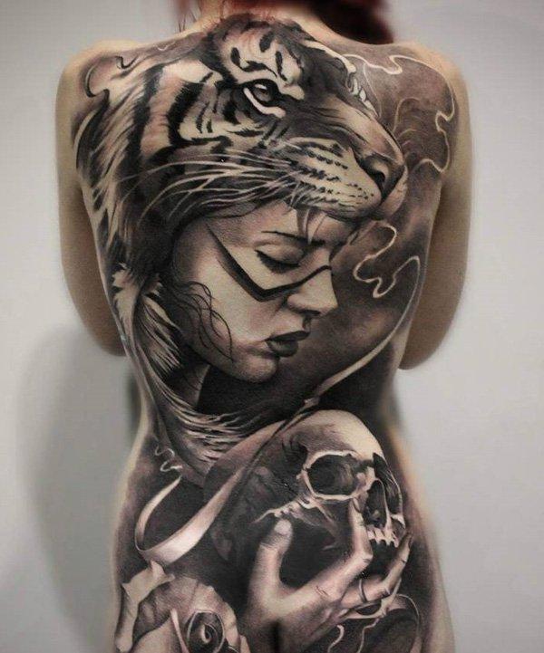 Amazing full back tattoo tiger, woman and skull