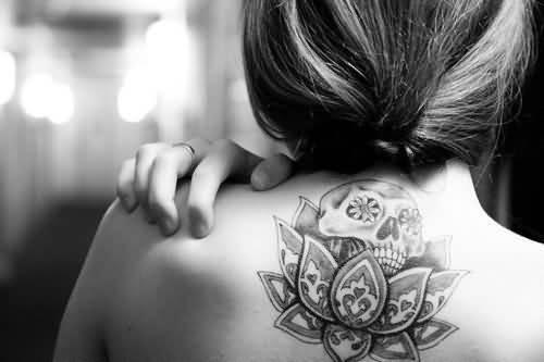 Simple Flower Skull With Black And White Lotus Flower Tattoo