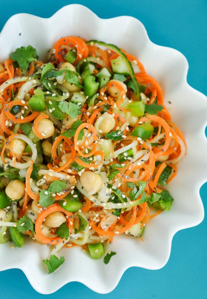 Healthy Spiralized Sweet + Sour Thai Cucumber Salad with Carrots, Chickpeas, and Cilantro!