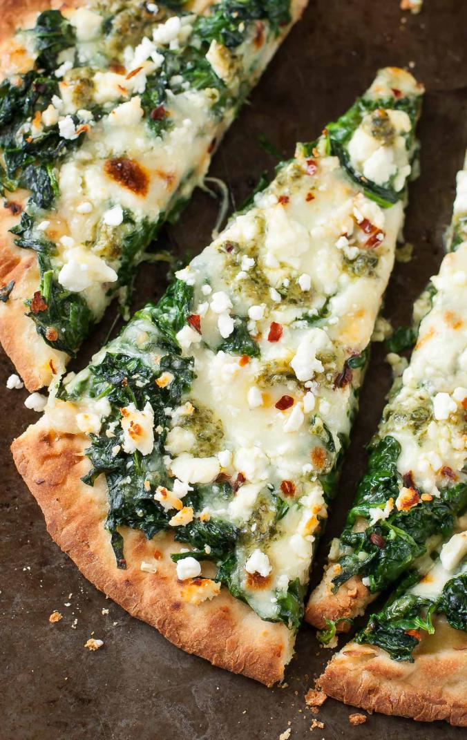 Three Cheese Pesto Spinach Flatbread Pizza