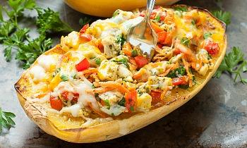 Pesto Chicken and Veggie Stuffed Spaghetti Squash