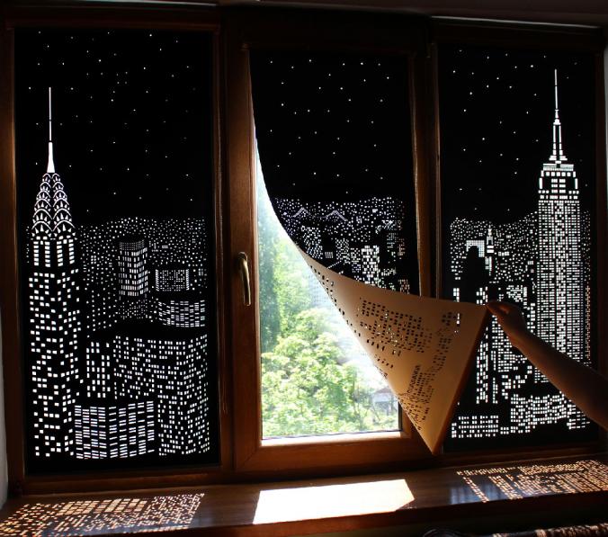 Buildings and Stars Cut into Blackout Curtains Turn Your Windows Into Nighttime Cityscapes | Colossal