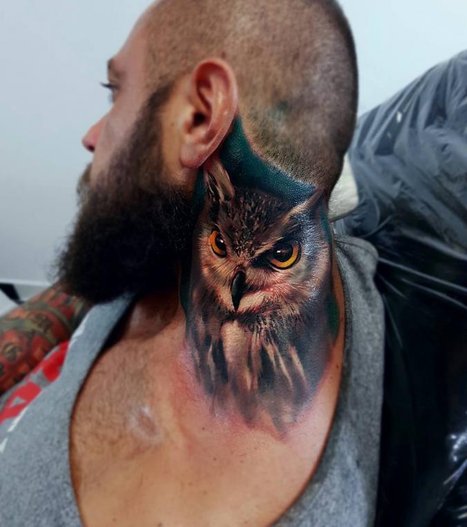 Did this dope #owl neck tattoo. For booking text 321-317-3906…#inkbyjohnny  #orlandoflorida #orlandotattooartist #darkskinbodyart… | Instagram