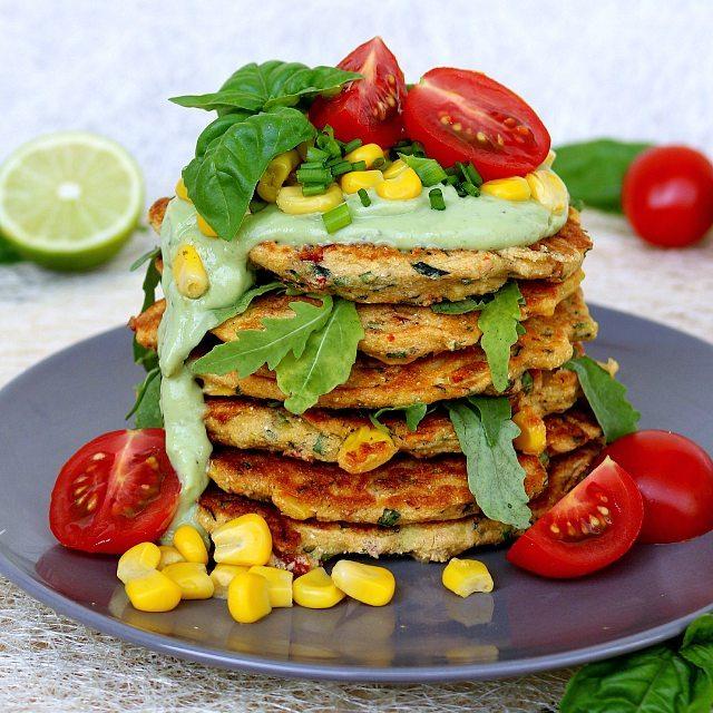 Savory chickpea pancakes with summer veggies (zucchini, corn, tomatoes) and creamy avocado & basil sauce anyone