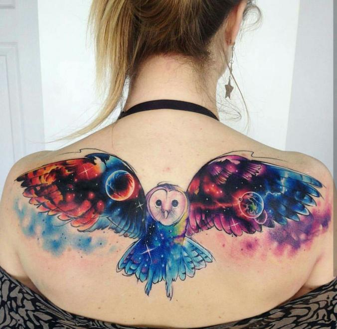 galaxy owl tattoo for women