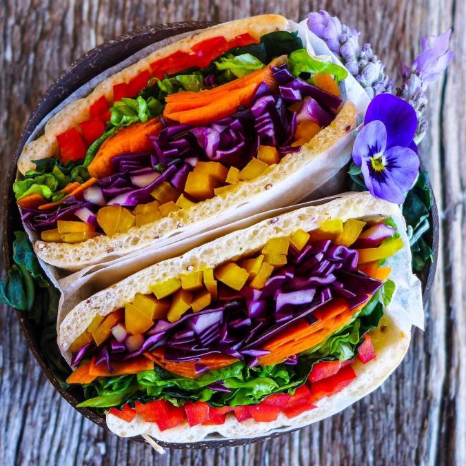 veggie rainbow sandwich served in a gorgeous natural coconut bowl