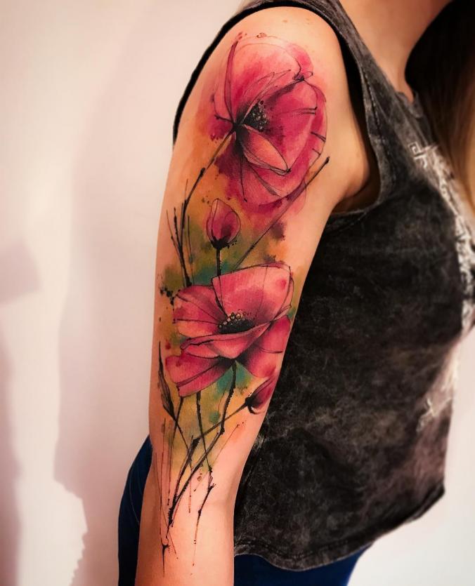Poppy flower sleeve tattoo