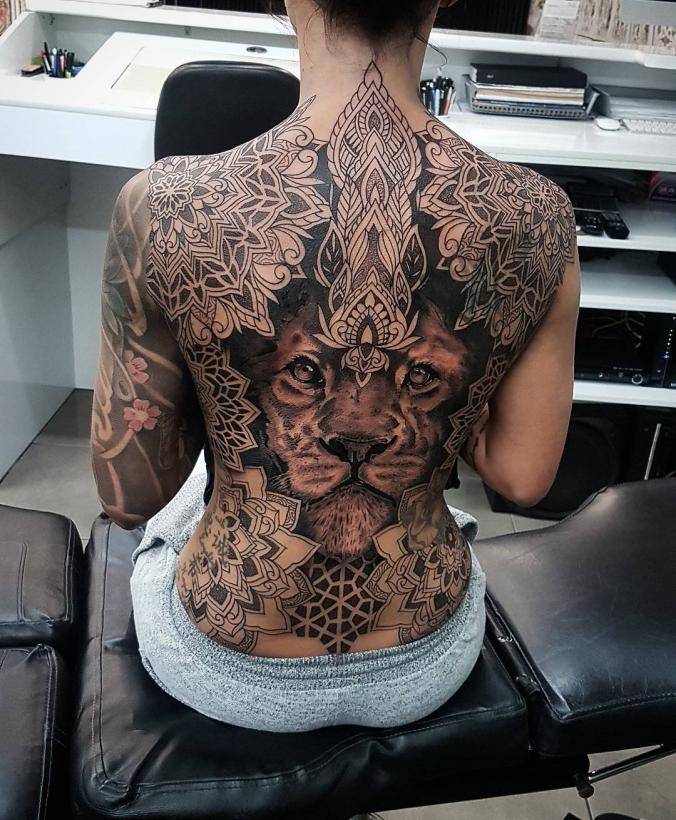 Mandala with lion full back tattoo