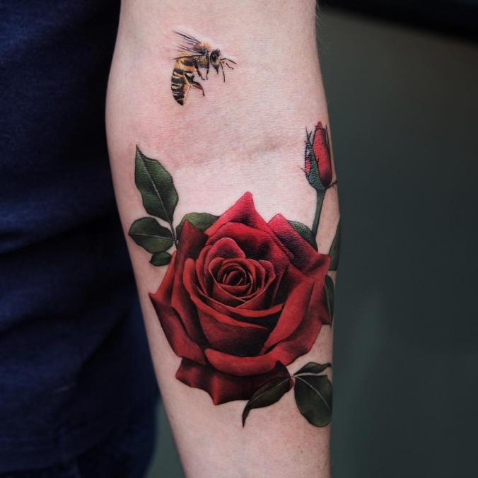 Rose and bee tattoo