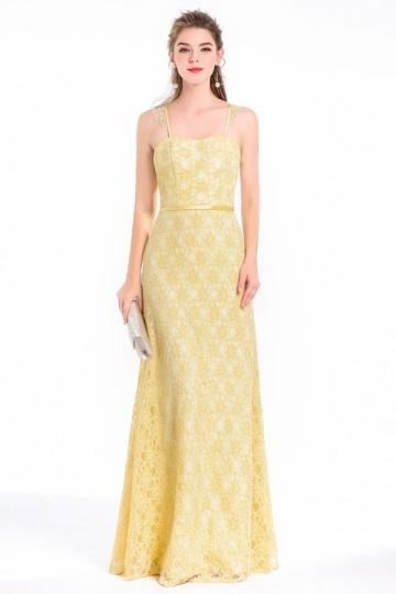 Elégante robe de cérémonie jaune pour soirée gala noel reveillon avec bretelles fines bordées de dentelle délicate - Robedesoireelongue.fr