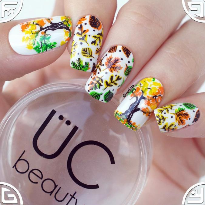 Autumn nail design with ÜC stamping plate “Lovely Leaves"